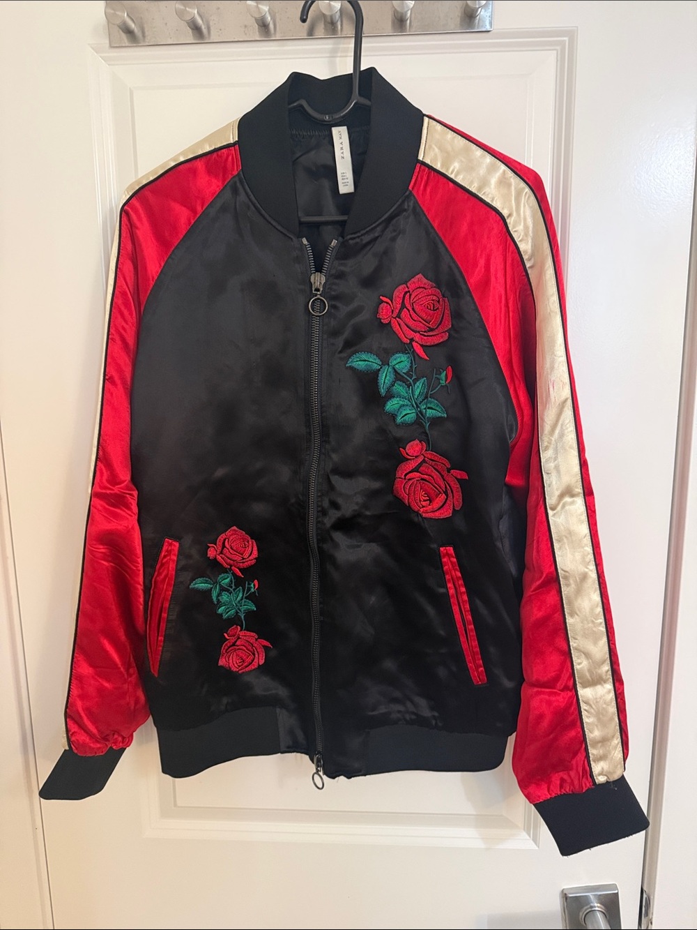 Zara Black Satin Bomber Jacket with Red Rose Embroidery and Red & Cream Sleeves